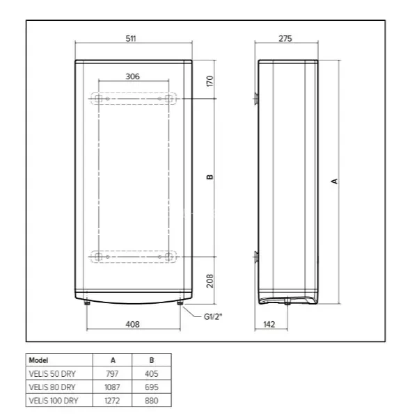 ARISTON VELIS PRO DRY WIFI 50 EU Схема з розмірами