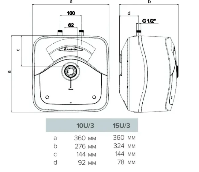 ARISTON ANDRIS RS 10 U/3 Схема з розмірами