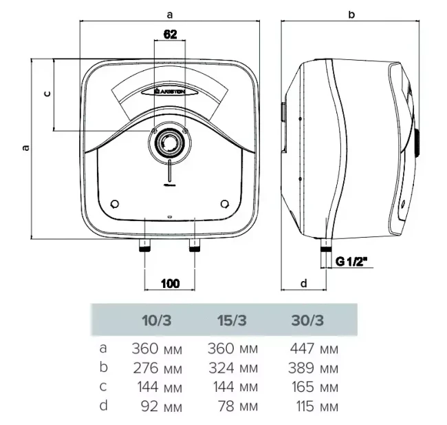 ARISTON ANDRIS RS 30/3 Схема з розмірами