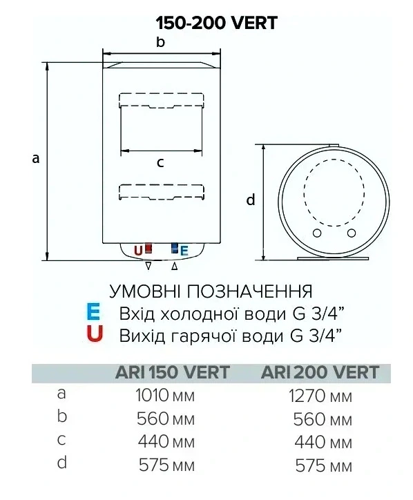 ARISTON ARI VERT 200 560 THER MO EU Схема з розмірами